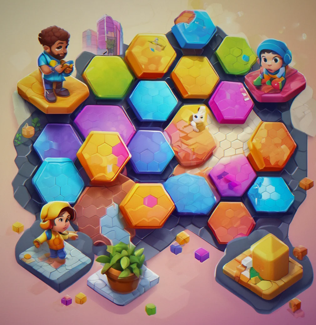Mobile game screen showing tile-matching puzzle board with interconnected hexagonal tiles and constraint indicators